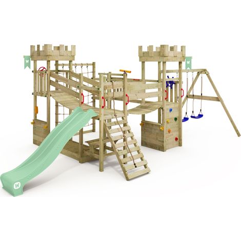 Wickey – Structure d'escalade en bois avec balançoire et ponts suspendus – Toboggan 220 cm – Pour enfants de 3 à 12 ans – Bois traité pour extérieur