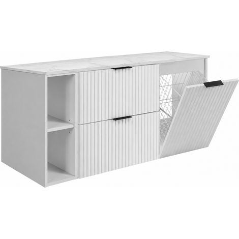 Set bagno Flow 120 cm con portabiancheria, bianco, piano rovere chiaro, maniglie dorate (1/5)