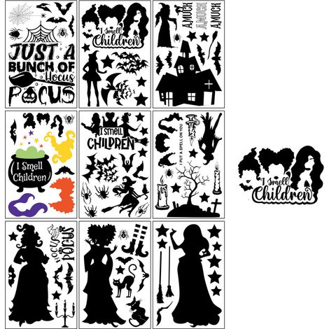 Adhésif Fenêtre Halloween - 9 Feuilles 20 x 30 cm - Motifs Double Face Citrouille Sorcière Château Chauve-Souris - Décoration Intérieure Fête (1/5)