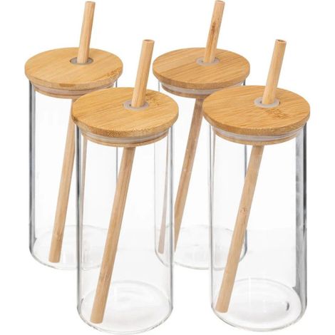 Coffret Carafe, 4 Verres & Pailles "Bambou" 28cm Transparent (1/5)