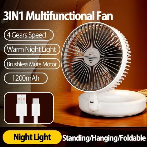 Ventilateur mural pliable (1200 mAh blanc), ventilateur de bureau portable avec lumière LED, rechargeable par USB, 4 vitesses de ventilation (1/5)