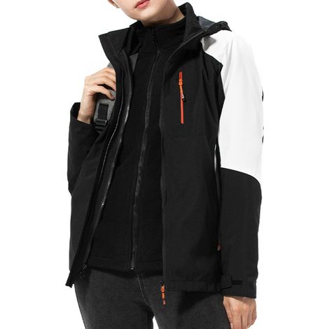 3-in-1-Bergsteigeranzug für Damen und Herren, wasserdichte und winddichte Jacke mit abnehmbarer Kapuze, Winter – Größe S – Schwarz und Weiß