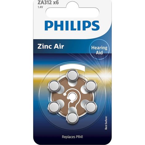 PHILIPS Blister da 6 Zinc Air Ideale per apparecchi acustici (PR41), 1,4V, 160 mAh,