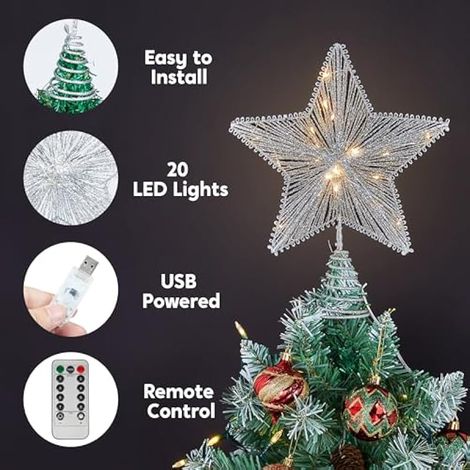 Étoile de Noël en métal argenté avec 20 LED blanc chaud, télécommande et alimentation USB - 24 cm (9,5 pouces) - Décoration idéale pour sapin de Noël, maison, fêtes, soirées en intérieur (1/4)