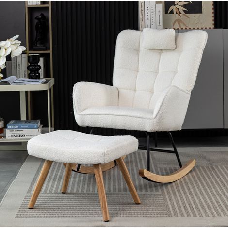 Chaise à bascule en tissu teddy blanc avec repose-pieds, 65 x 47 x 92 cm, coussin de tête inclus (1/5)