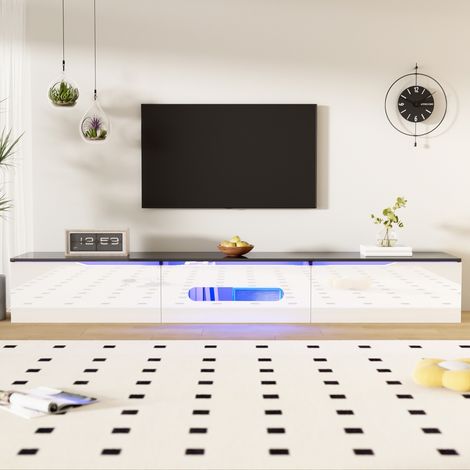 Vitrine & meuble TV 180×30×35 cm – noir + blanc laqué, LED 16 couleurs (1/5)