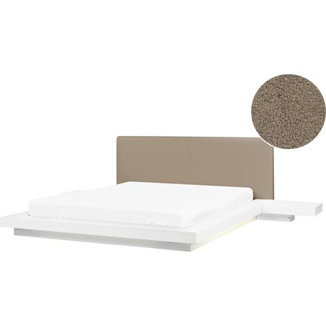 Cama LED moderna con plataforma mesitas de noche cabecero de bouclé blanco 160 x 200 cm Zen (1/5)