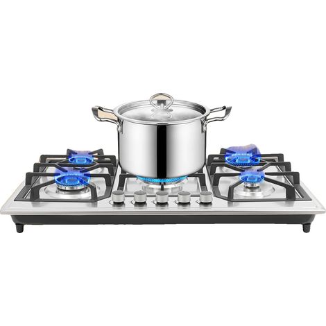 Cucina a gas con 5 bruciatori, dimensioni 30 x 20 x 3 pollici, in acciaio inox e ghisa, con comandi a manopola indipendenti, adatta per uso interno. (1/5)
