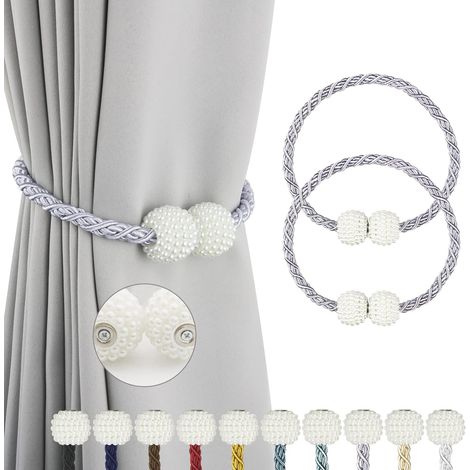 Embrasses de rideaux faites à la main en corde avec pompons pour bureau, maison, décoration - Gris - 2P