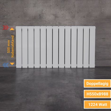 WITEN&NOCK Designheizkörper Austauschheizkörper mit seitlichen Anschlüssen NA 500 mm Flachheizkörper weiß 1224 Watt Doppellagig 550x988 mm