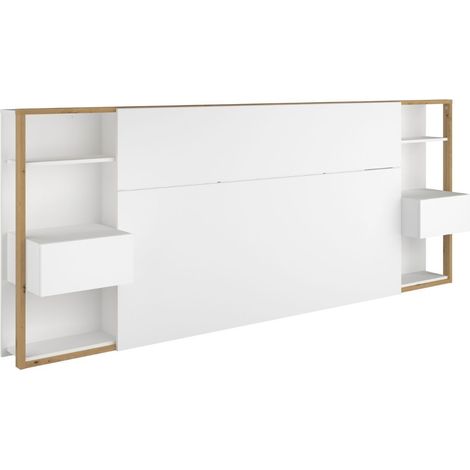Tête de lit avec chevets suspendus et tablettes blanc et aspect bois - KATELL (1/5)
