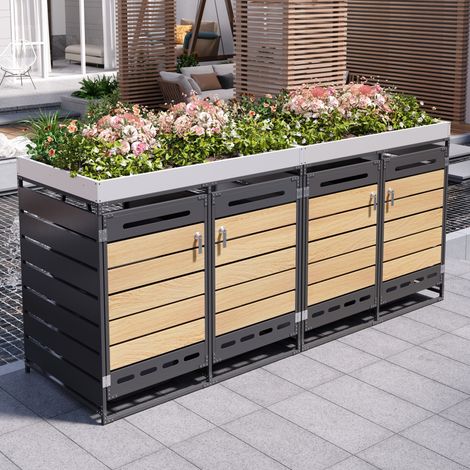Abri pour 4 poubelles avec jardinière, finition aspect bois, ventilation, acier noir, REDOM (1/5)