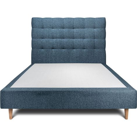 Lit 150x200cm avec tête de lit capitonnée bouclette et sommier tapissier Bleu - Hauteur totale : 35cm (1/5)
