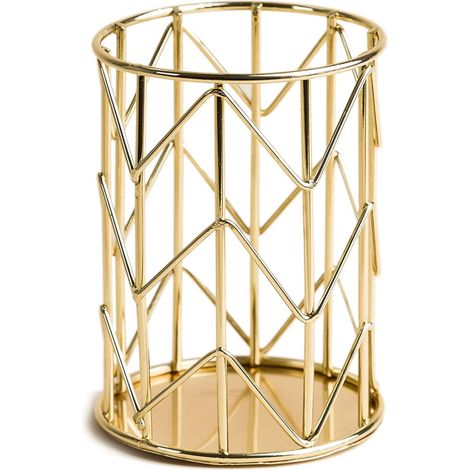 Una caja de almacenamiento cilíndrica para escritorio con un marco de alambre dorado añade un toque elegante a cualquier espacio de trabajo. (1/3)