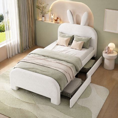 Letto singolo per bambini 90x200 cm in MDF bianco con cassetti, senza materasso FloraGrace (1/5)