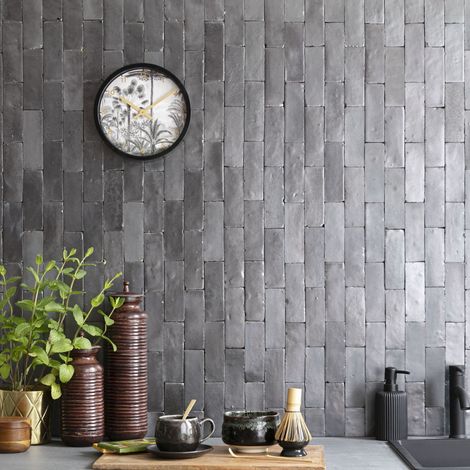 Zellige véritable Carrelage Artisanal - 5x15 cm - Noir Métal (vendu par boîte de 0,5m²) (1/5)