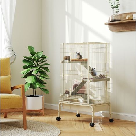 Cage pour petits animaux à 4 niveaux, avec mangeoire et biberon, 69 x 44 x 120 cm, beige OKMYHOME (1/5)