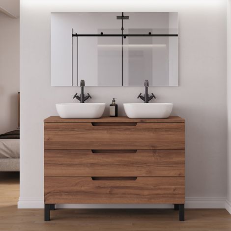 Meuble de salle de bain 120cm avec plateau et 2 vasques à poser arrondies - 3 tiroirs - noyer (bois foncé) - RIZA (1/5)