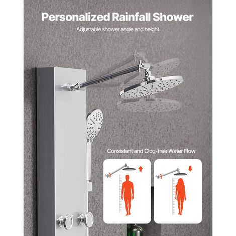 Colonne de douche inox brossé 49" avec pommeau pluie, 6 jets massants, douchette et mitigeur 3 fonctions, fixation murale haute pression (1/5)