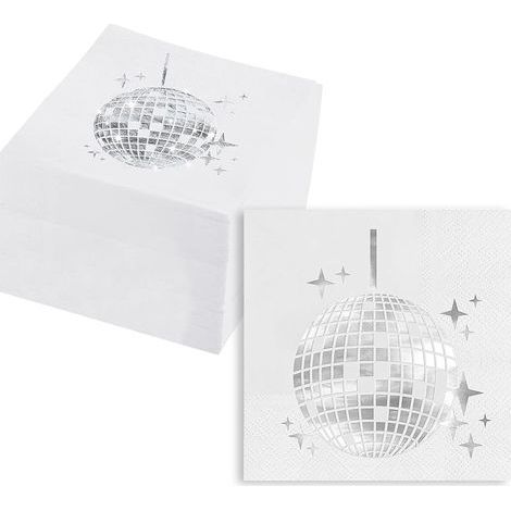Lot de 40 serviettes disco, 25 x 25 cm, boule disco décorative, décoration de table rétro années 70, 80 et 90, blanches (1/5)