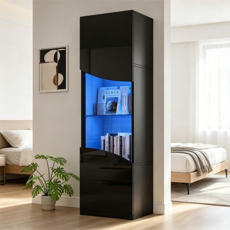 Modernluxe - Vitrine avec LED 35x50x165 cm - 1 porte - Finition brillante - Grand rangement - Panneaux de particules - Noir (1/5)