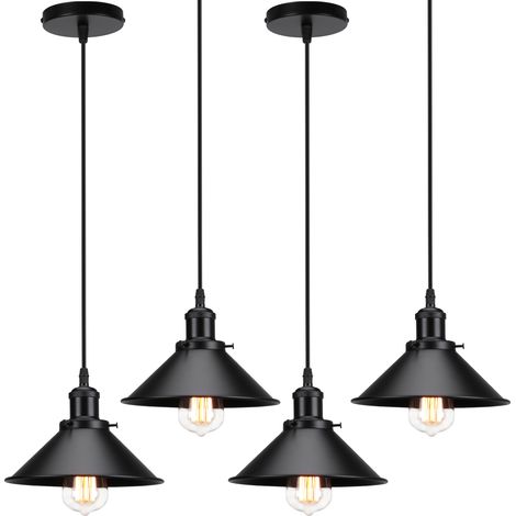 Lampada a Sospensione, Vintage Lampadario da Soffitto con Ø22cm Paralume in Ferro, Illuminazione in Industriale Stile Edison E27 per Cucina Isaland Camera da Letto (4X Tutto Nero) (1/5)