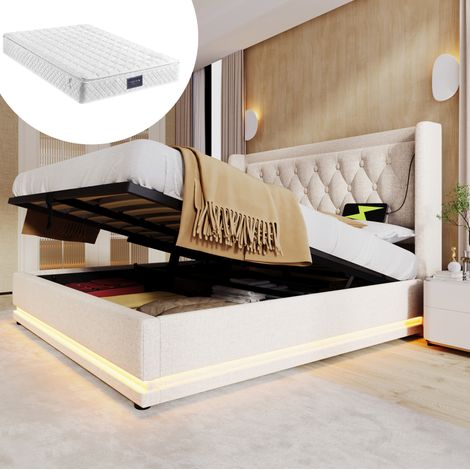 Stauraumbett 140x200 cm aus beiger Baumwolle mit LED und USB-C, platzsparend – MEUBLIV (1/5)