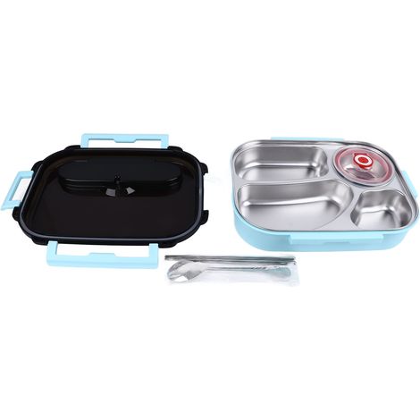 Boîte à lunch compartimentée de 2 L, 4 compartiments, en acier inoxydable, avec baguettes et cuillère, idéale pour le travail, les voyages et l'école. (1/5)