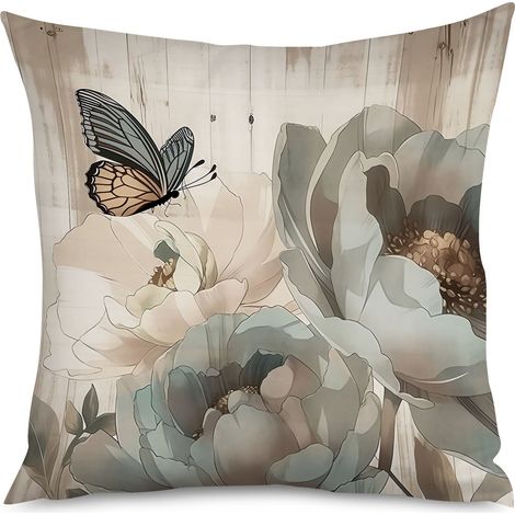 Housse de coussin fond bois texturé et fleurs délicates (1/5)