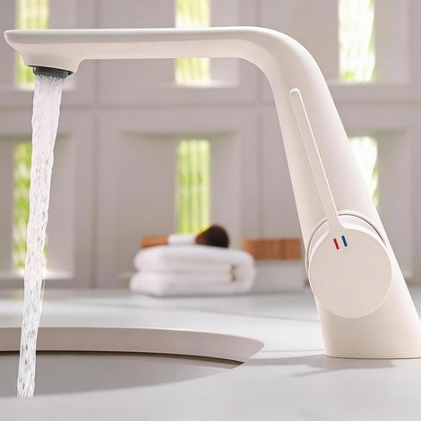 Robinet de Cuisine Minimaliste Blanc Mat - Mitigeur Évier Style Crème Col de Cygne Bionique - Cartouche Céramique Durable, Finition Galvanoplastie Haut de Gamme - Design Scandinave Épuré pour (1/4)