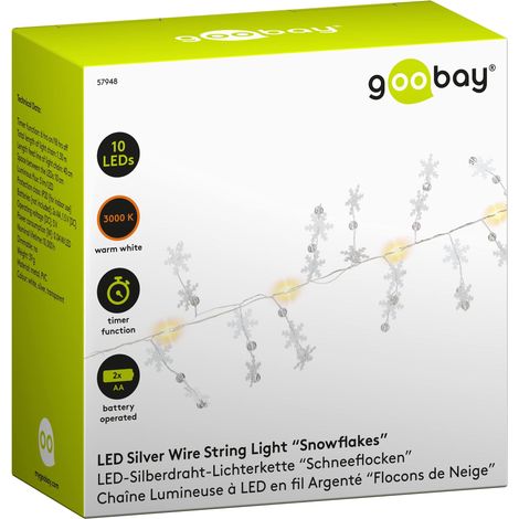 goobay 57948 - Catena luminosa a LED con funzione timer, funzione batteria, fiocchi di neve, per interni, con 10 LED, 3000 K, IP20, colore: argento, trasparente (1/4)