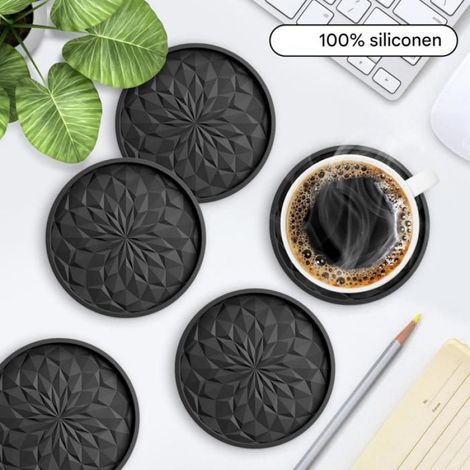 Dessous de verre en silicone avec support, lot de sous-verres noirs anti-dérapants, idée cadeau, parfait pour cuisine, réceptions et mariages (1/4)
