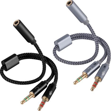 2pcs Câble Séparateur 2-en-1 Casque et Microphone, Adaptateur Audio Femelle 3,5mm vers Double Mâle 3,5mm Noir & Gris Y-Séparateur pour Casque Gaming PC Ordinateur Portable Enceinte (1/5)