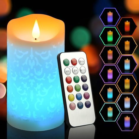 Vela LED multicolor sin llama de 6 pulgadas con control remoto y temporizador,vela de cera realista que cambia de color y funciona con pilas (1/5)