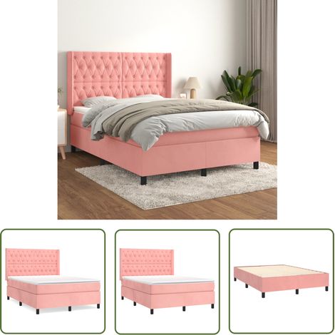 The Living Store Sommier à lattes de lit avec matelas Rose 140x190 cm Velours - Lit Tapissier - Lit Velours - Lit Double - Literie - Chambre À Coucher (1/5)