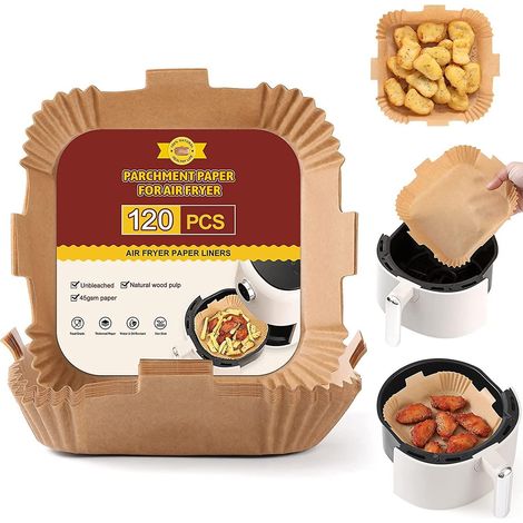 Papier sulfurisé antiadhésif non blanchi, 120 feuilles carrées de 20 cm (7,9 po) pour friteuse à air, cuisson au four et grillades. Convient aux friteuses de 5 à 8 pintes. (1/5)