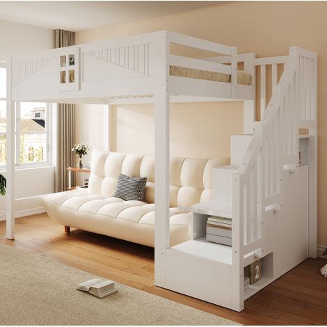 Letto soppalco 140x200 in legno bianco con scala contenitore, senza materasso – MEUBLIV (1/5)