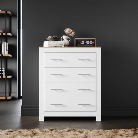 ELEGANT Chest of Drawers 4 Drawer Bedroom Furniture Storage Unit Cabinet with Metal Handles, White/Oak (1/5)