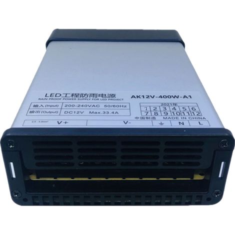Alimentation étanche de 400 W avec boîtier en plastique et protection contre les courts-circuits, adaptée aux projets LED (12 V).