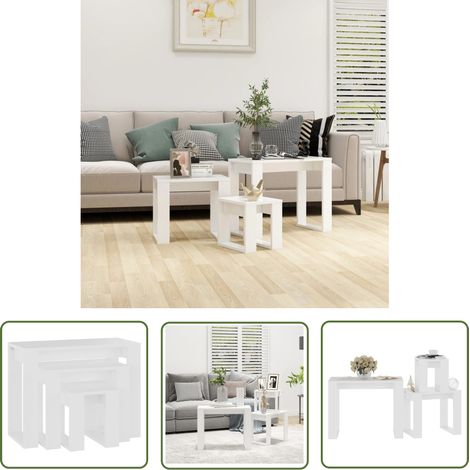 The Living Store Tables gigognes 3 pcs Blanc Bois d'ingénierie - Table Basse - Table D'appoint - Meuble Petit Espace - Ensemble De Tables - Tables Gigognes (1/5)