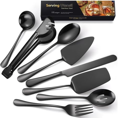 Lot de 8 grands ustensiles de service en métal pour fêtes, cuillères, fourchettes, pinces et louches pour buffet, restauration, chefs d'hôtesse, noir mat (1/5)