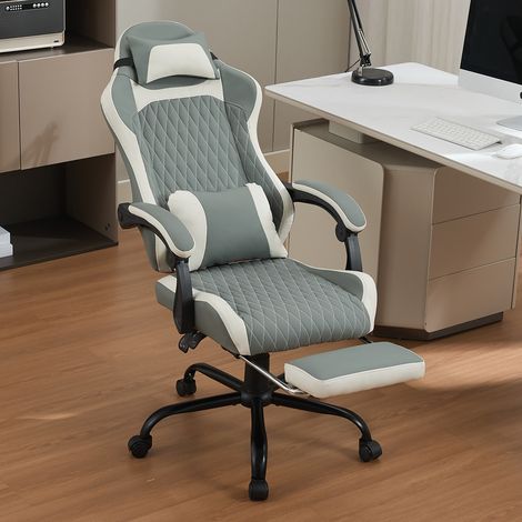 Silla gaming de oficina de piel sintética transpirable, con reposapiés, respaldo inclinable y altura regulable, verde (1/5)