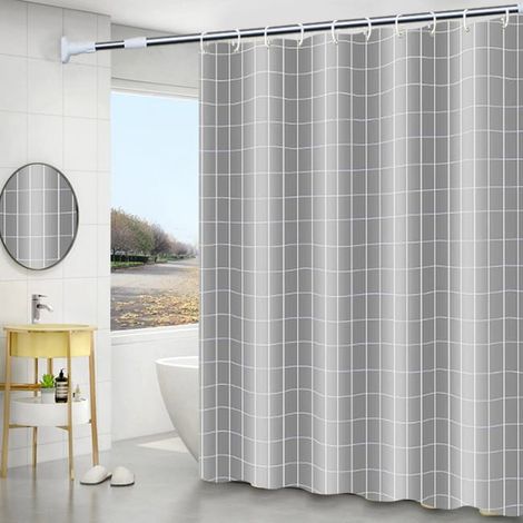 Cortina de ducha lavable, impermeable y resistente al moho, con ganchos, estampado a cuadros grises, 180 cm de ancho x 180 cm de alto. (1/5)