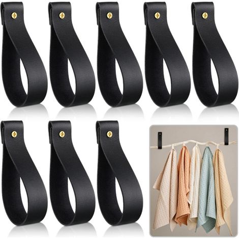 Lot de 8 poignées de meubles en cuir noir de 2,5 x 11 cm – poignées de placard, poignées de porte pour cuisine, salle de bain, armoire, commode, bois (1/5)