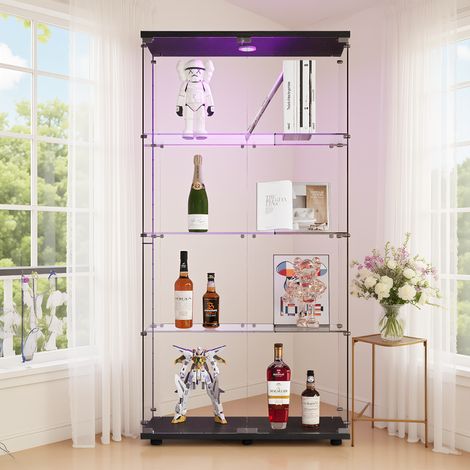 Verre vitrines avec Éclairage tactile, Vitrine en Verre avec 2 porte et 4 étagères, moderne Armoire vitrine pour Collection, pour chambre, salon et salle à manger, 80 x 36 x 164 cm, Noir (1/5)