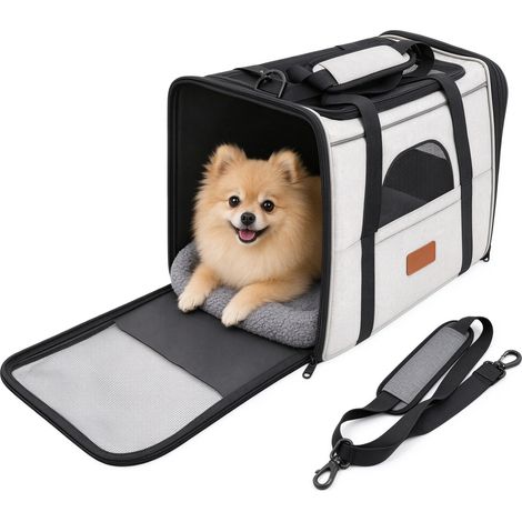 Sac de transport pour chat et petit chien – Caisse de voyage respirante et pliable avec coussin polaire amovible, bandoulière réglable et poignée ergonomique (gris, 45 × 33 × 35 cm) (1/5)