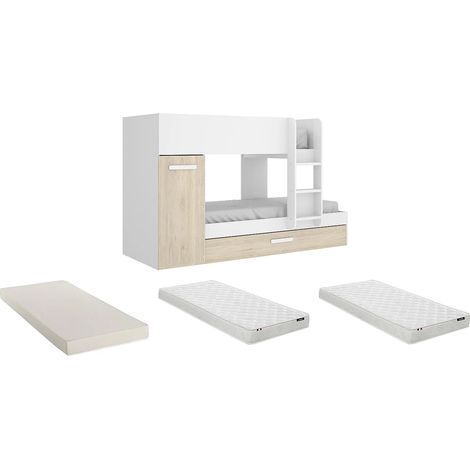 Letto a castello con contenitori + materasso 2 x 90 x 190 cm Bianco e Rovere - ANTHONY (1/5)