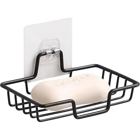Wandmontierte Seifenschale ohne Bohren, aus rostfreiem Edelstahl 304, mit Ablage und Schwammhalter für Bad und Küche, quadratisch, schwarz. (1/5)