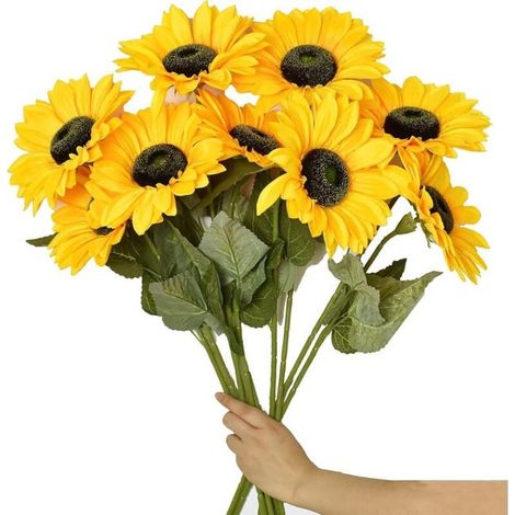 6 Grandes fleurs de tournesol artificielles à tige longue, faux soleils en tissu soyeux, décorations séparées pour intérieur, mariage ou événement (teinte jaune) (1/4)