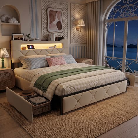 Lit avec tiroirs de rangement 140x190 cm, lit adulte velours moderne, éclairage USB et bande LED, sommier à lattes, Beige (1/5)